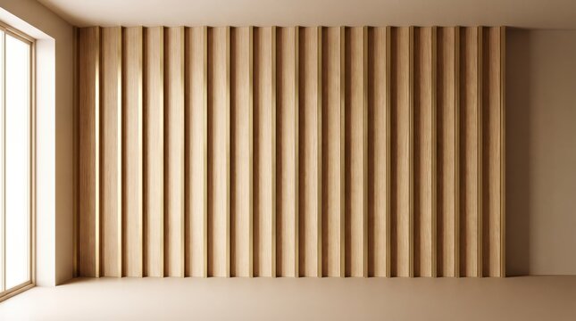 Empty room with oak slat wall panel and tall window, minimalist architectural background