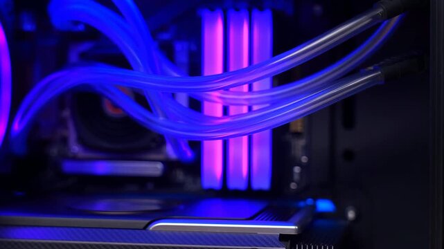 60 FPS close up gaming PC interior with liquid cooling tubes and RGB RAM shifting cyan to magenta