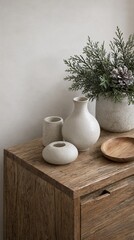 Fototapeta premium Minimalist Home Decor Featuring Ceramic Sculptural Vases and Greenery on a Rustic Wood Console Table