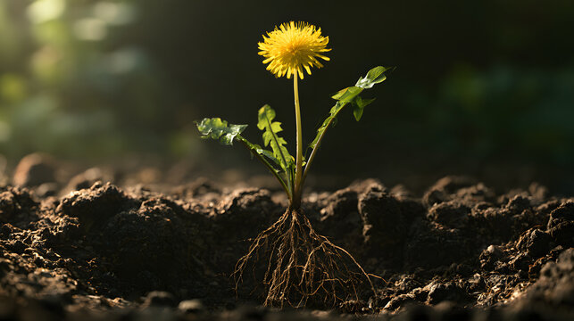 A vibrant yellow Taraxacum officinale dandelion plant with visible deep roots grows resiliently in dark soil under bright sunlight, symbolizing persistence, nature, life, and environmental strength