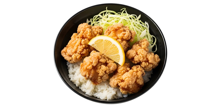 Japanese style crispy fried chicken karaage served over white rice in a black bowl