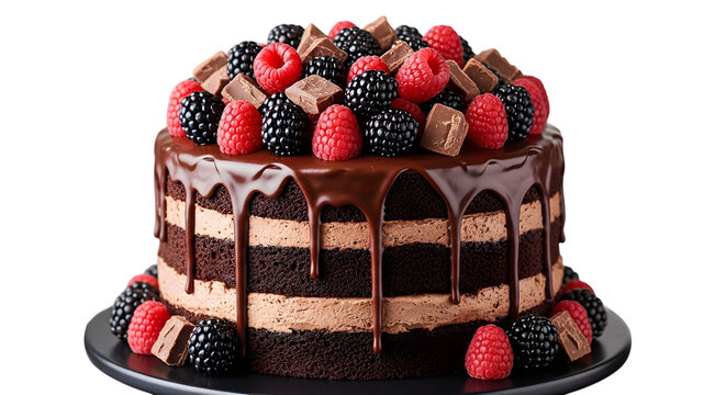 Delicious chocolate layer cake topped with fresh raspberries blackberries and chocolate chunks on black background