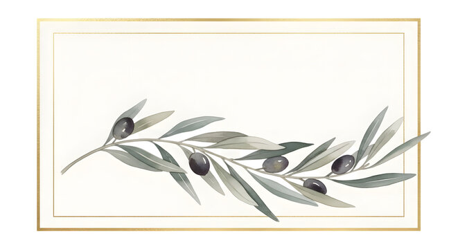 Elegant olive branch illustration on a white rectangular background with a thin gold border frame