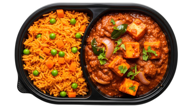 Top view of paneer butter masala with vegetable pulao rice in a black plastic container