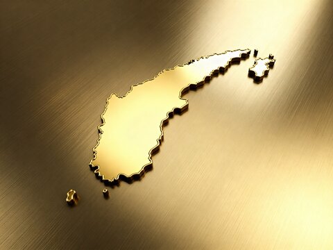Golden metallic map sculpture resting on a brushed textured plate featuring glowing warm light reflections