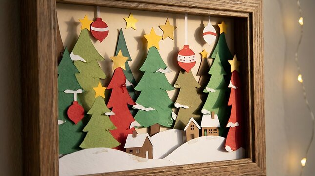 Vintage illuminated christmas diorama with paper cut trees and winter village scene
