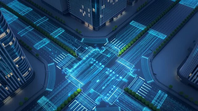 60 FPS Aerial smart city intersection with glowing blue data grid and autonomous traffic flow overlay