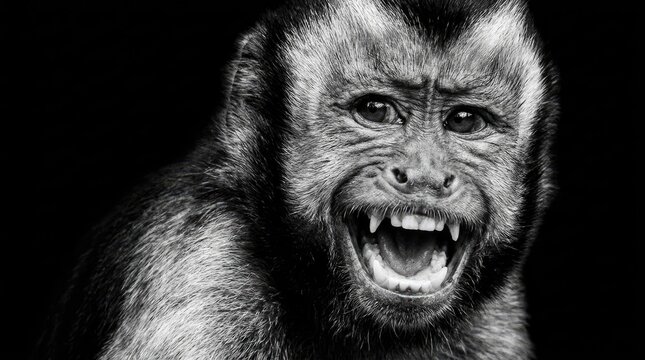 Capuchin monkey snarling in black and white close up