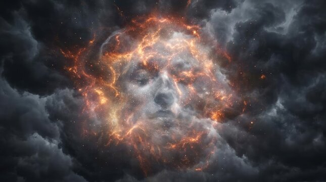 Celestial face emerging from cosmic nebula and glowing fire clouds