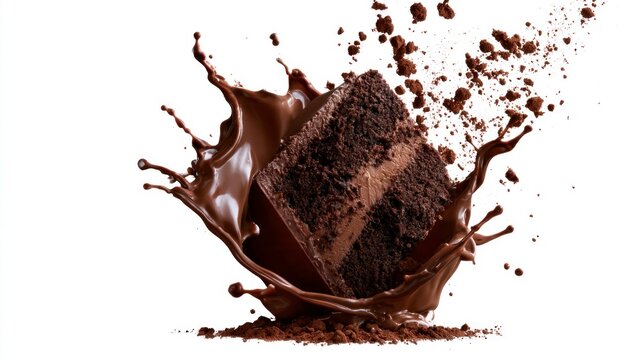 Dynamic splash of a chocolate cake slice falling into melted chocolate sauce with flying cocoa crumbs, isolated on white background