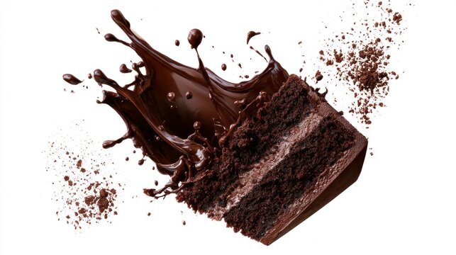 Delicious slice of chocolate layer cake with a dynamic splash of melted dark chocolate and cocoa powder, isolated on white background