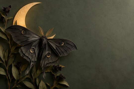 Elegant Black Paper Moth with Golden Crescent Moon on Dark Green Botanical Background, Mystical Gothic Artwork with Copy Space