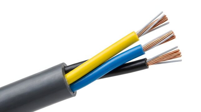 A severed electrical cable with brightly colored insulation reveals the multiple inner copper wire strands against a plain white backdrop
