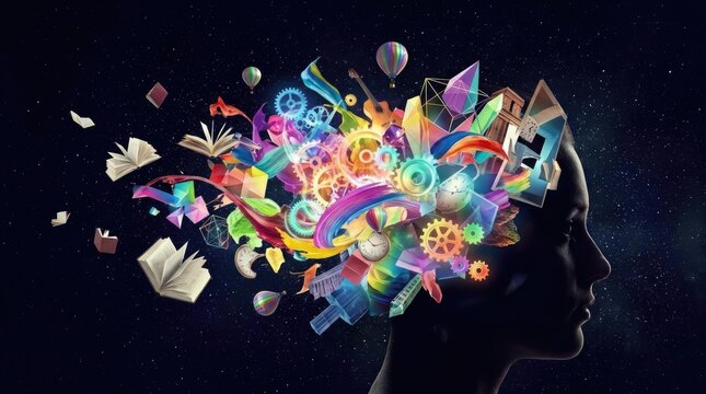 Creative human silhouette with colorful imagination exploding in space
