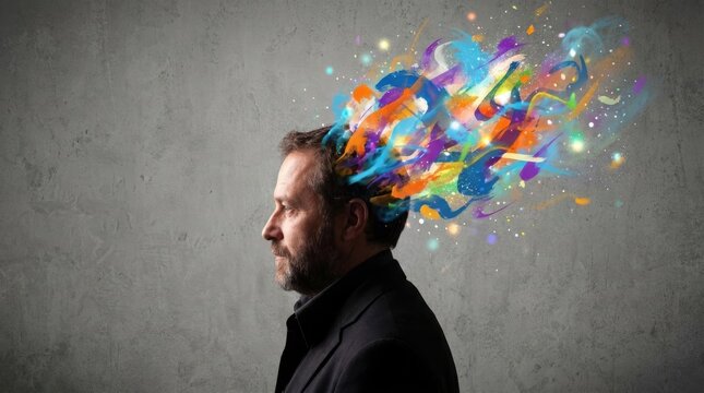 Creative man with vibrant color explosion from his head