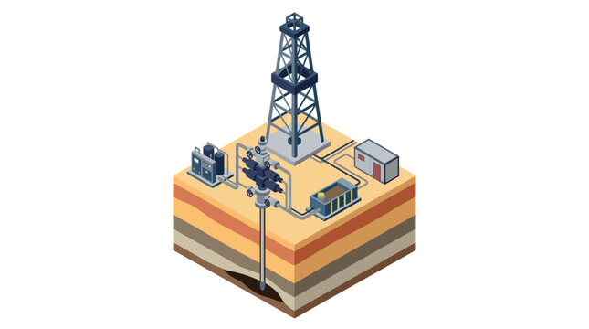Isometric illustration of an oil drilling rig and underground wellbore for petroleum extraction.