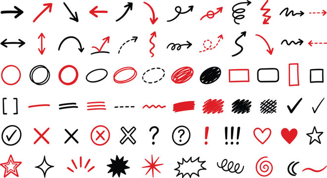 Arrow and highlight marker stroke set with hand drawn underline, circle, check mark, cross and brush scribble elements for notes, emphasis, study and vector illustration