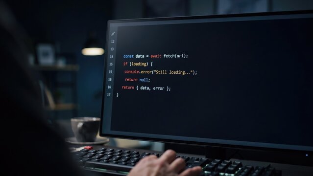 Computer monitor displaying java script code with a dark theme, showing a fetch function and error handling in a dimly lit office environment