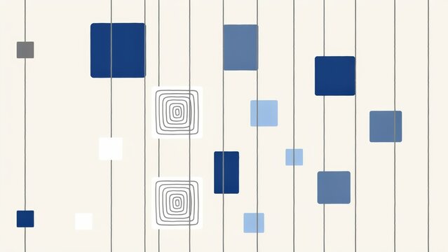 Mid-century style geometric pattern with blue squares, thin vertical lines, and concentric square line on a cream background