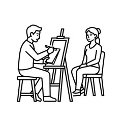 Fototapeta premium Artist sitting on a wooden stool sketches a seated female model using a canvas easel in a minimal line art illustration.