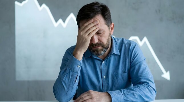 A frustrated businessman feels the weight of significant financial setbacks as the stock market experiences a noticeable and concerning downward trend