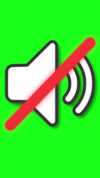Animated mute volume icon with speaker and cross line symbol toggling on a bright green background for chroma key compositing