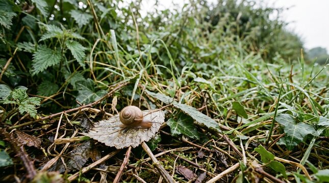 Wide contextual macro of a tiny hairy snail resting on a damp leaf in a lush hedgerow