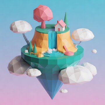 A surreal lowpoly floating island featuring a house waterfall trees and clouds in a dreamy sky
