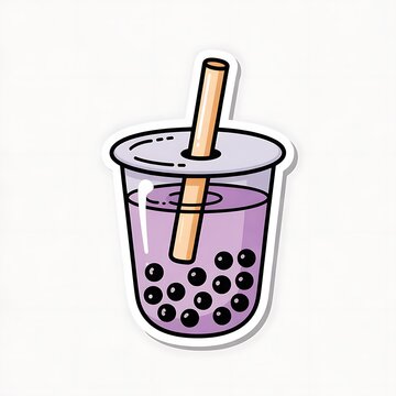 Cartoon sticker illustration of a delicious purple taro bubble tea drink with black pearls