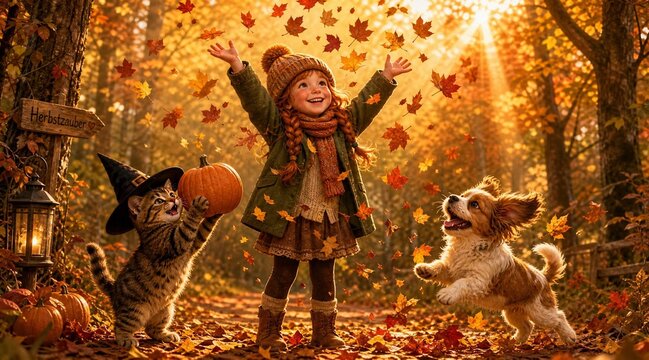 Herbst im Wald - ein M&auml;dchen wirft buntes Laub in die Luft, ein kleiner Hund springt hoch, eine Katze stemmt einen K&uuml;rbis in die H&ouml;he.