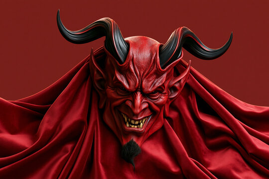 Red devil demon mask with black horns and red velvet drapery