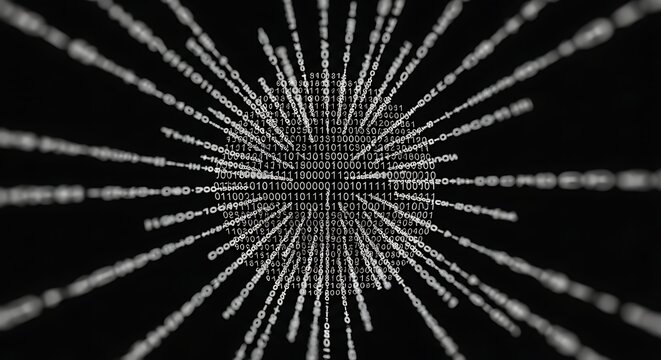 White binary data stream radiating outward from a central cluster on a black background