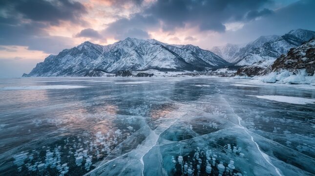 Stunning Frozen Lake Baikal Landscape with SnowCapped Mountains Under Dramatic Sky.