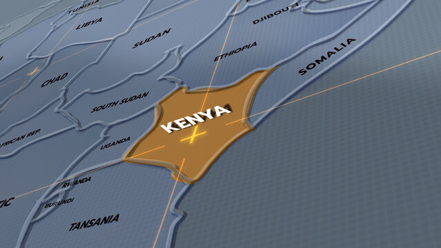  A stylized 3D political map of Africa, countries of Africa, Kenya map,