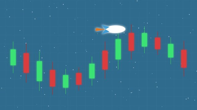 Crypto rocket soaring past candlestick charts in space showing financial growth.