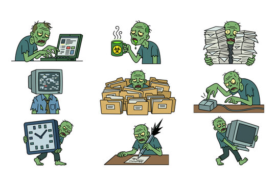 Funny office zombie character set in corporate work situations