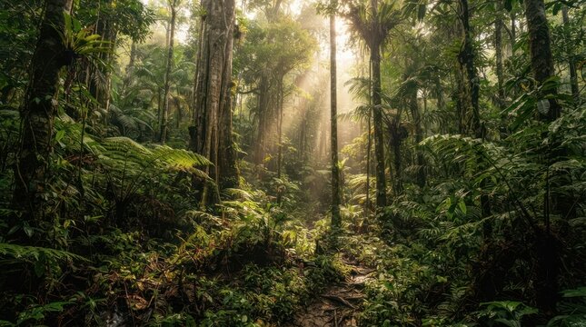 Sunbeams Pierce Lush Tropical Rainforest Canopy Illuminating Dense Green Foliage.