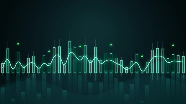 Financial market stock trading graph with glowing candlestick chart digital overlay.