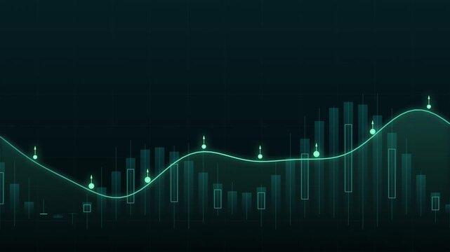 Abstract finance chart showing various candlestick patterns and a smooth moving average line.