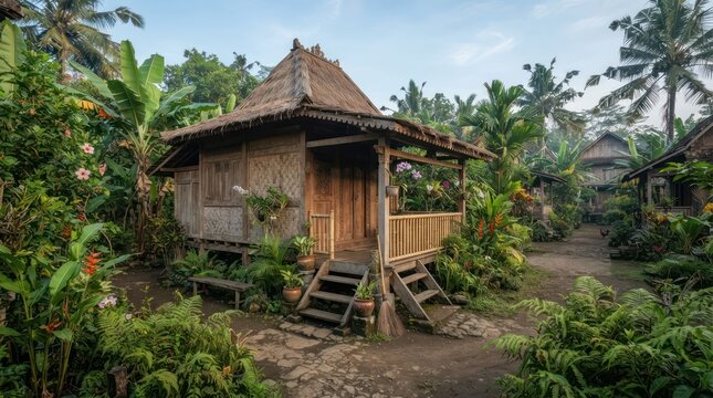 Traditional Bamboo Hut Nestled Amidst Lush Tropical Vegetation.