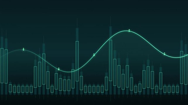 Digital candlestick stock market chart with glowing trend line on dark background.