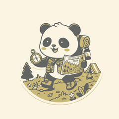 Cute Panda Hiker with Map and Compass on Adventure Trail © moh