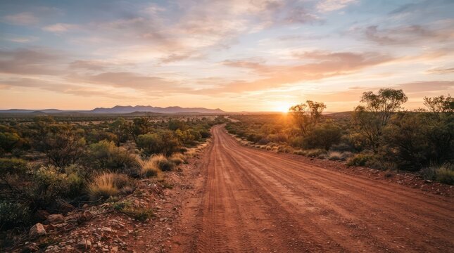 Vast Australian Outback Dirt Road at Sunset with Dramatic Sky.