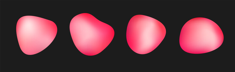 Set of glossy pink 3D shapes. Dimensional droplet-like elements and icons resembling jelly candies or gemstones, set against a black background. Vector illustration © prezent