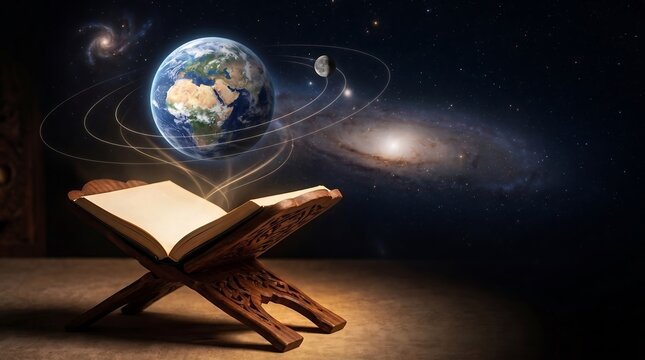 Holy Quran open on wooden stand with planet Earth floating in starry galaxy