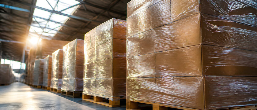 Plastic wrapped pallet of goods stacked in sunlit warehouse with window light and wooden base