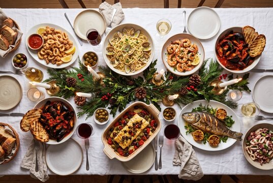 Italian feast of the seven fishes christmas eve table, top view
