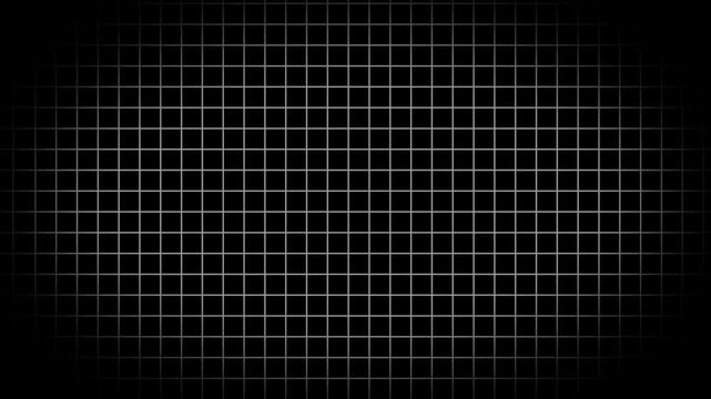 Black background with animated thin white wireframe grid line fit for alpha channel or overlay layer. Mesh shiny tile-like creative animated video . Grid graph pattern moving vertically downward. 4K