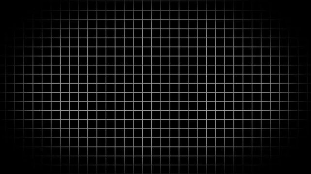 Black background with animated thin white wireframe grid line fit for alpha channel or overlay layer. Mesh shiny tile-like creative animated video . Grid graph pattern moving vertically downward. 4K