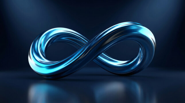 Shiny blue liquid metal infinity loop symbol isolated on dark